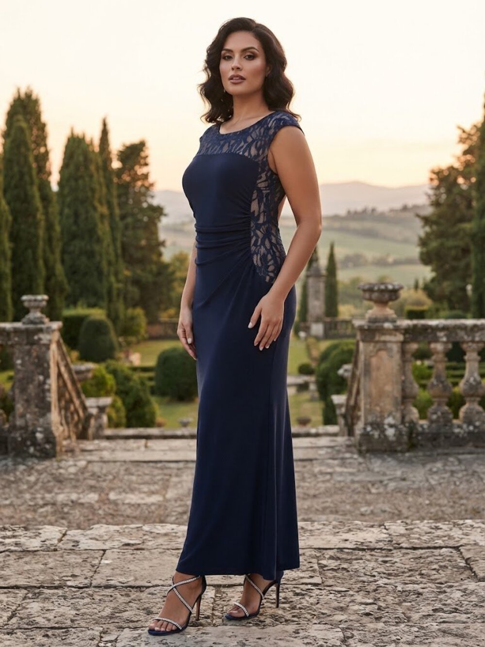 R&M Richards Navy Lace Illusion Illusion Side Panel Maxi Gown - Size 16